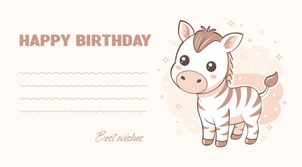 Happy birthday greeting card with cute zebra illustration