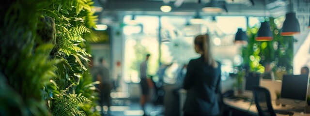 Business meeting in modern green office space with natural plants, colleagues communicating, corporate lifestyle, teamwork, ecology design, sustainability and contemporary workplace concept.