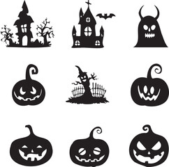 Obraz premium Halloween icons silhouette logo black and white background