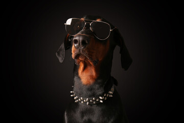 Cute Dobermann dog in sunglasses on dark background, closeup