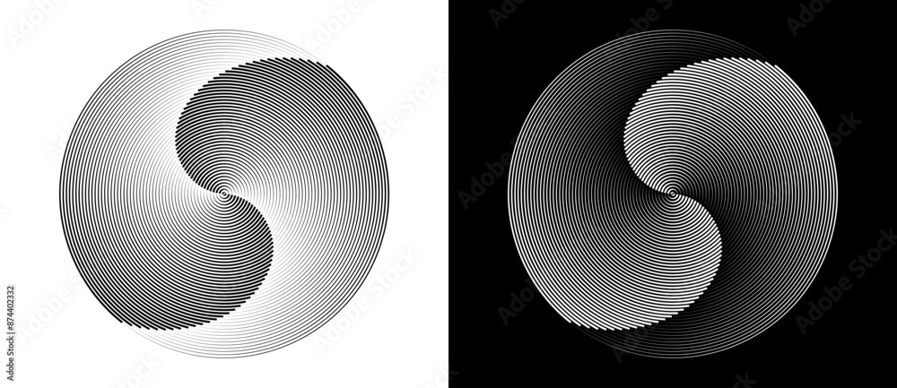 Poster Lines in circle abstract background. Dynamic transition illusion in spiral. Yin and yang style. Black shape on a white background and the same white shape on the black side.