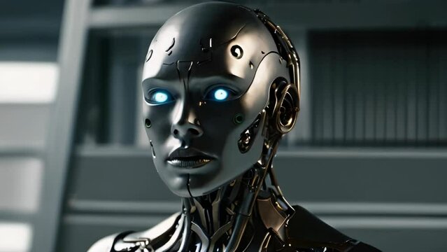 The android, crafted from gleaming metal, stares directly at the viewer with an expressionless face, its blue eyes glowing with an eerie intensity.