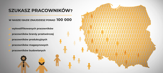 Adwertising agensy, hiring, b2b, Work Poland banner, Poland map, We help hire workers, job vacancy social media post banner design template with grey and orange color.