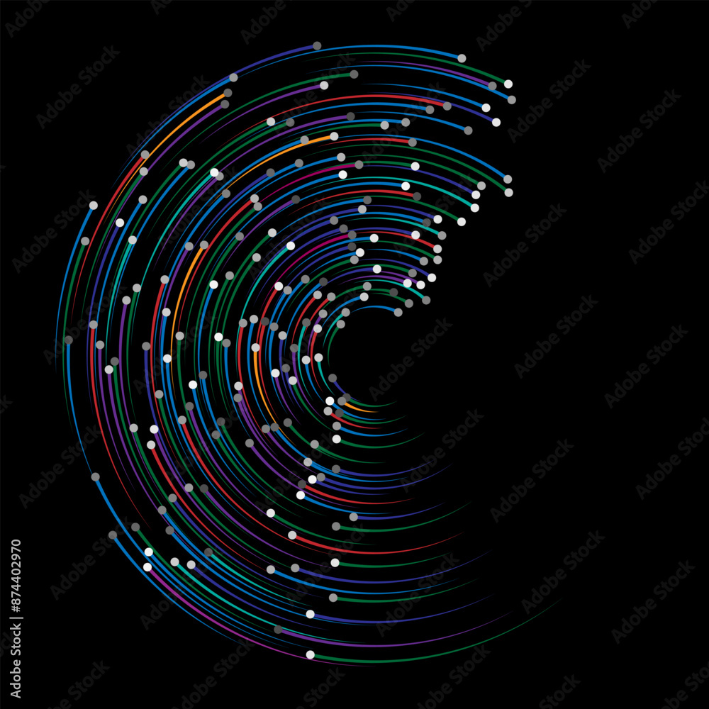 Poster Color speed lines with gray dots in spiral. Round logo or icon. Design element or abstract geometric shape like letter C.