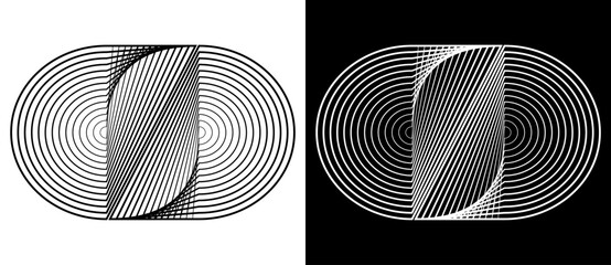 Two semicircles as infinity symbol. Art lines illustration as logo or icon. Black shape on a white background and the same white shape on the black side.