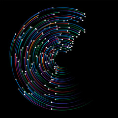 Color speed lines with gray dots in spiral. Round logo or icon. Design element or abstract geometric shape like letter C.