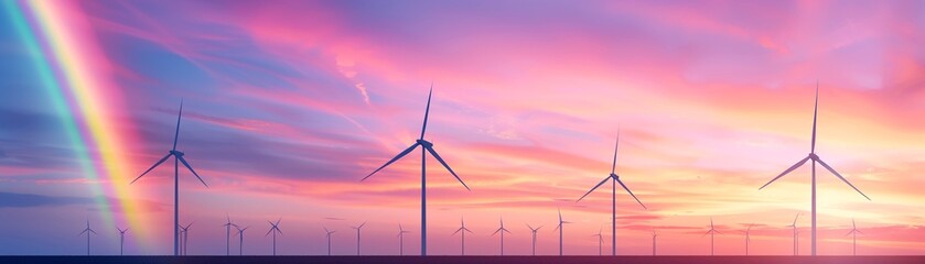 Fototapeta premium Wind turbines with a rainbow in the background, Realistic, Natural and multicolored tones, Detailed turbines and rainbow