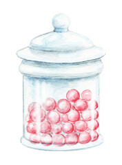 Glass jar for sweets with pink round candies isolated on white background. Watercolor hand drawn illustration