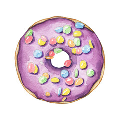 One round donut with violet glaze and colorful topping isolated on white background. Watercolor hand drawn illustration