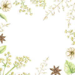 Fototapeta premium Border frame with vintage flowers, leaves and branches on white background. Watercolor hand drawn illustration