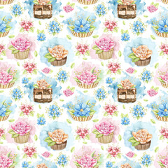 Seamless pattern with flowers and cupcakes on white background. Watercolor hand drawn illustration