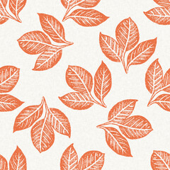 Peach fuzz botanical leaf foliage texture background with color of the year two tone linen fabric effect. Soft fresh modern woodland cottagecore design, wallpaper and on trend repeat tile textures. 