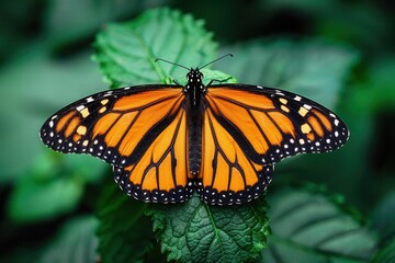 Fototapeta premium Monarch butterfly on a green leaf