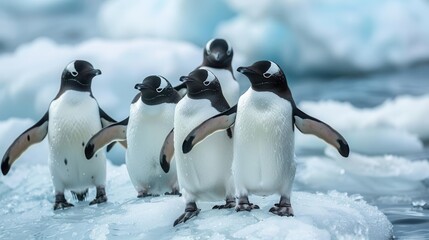 Obraz premium Penguins on an icy shoreline, Polar wildlife, social and resilient
