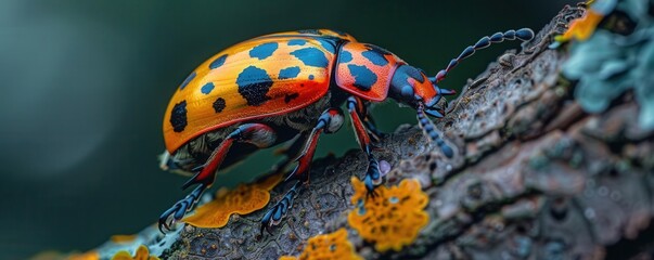 Scarlet and black harlequin beetle on a tree, Colorful insect, vibrant and toxic