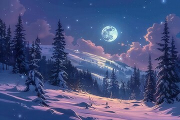 The full moon rises over a snowy forest