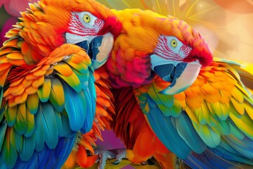 Obraz premium a surreal illustration of parrots with brightly colored feathers larger than life