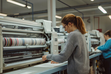 Textile factory worker is controlling a knitting machine producing fabric in a textile factory