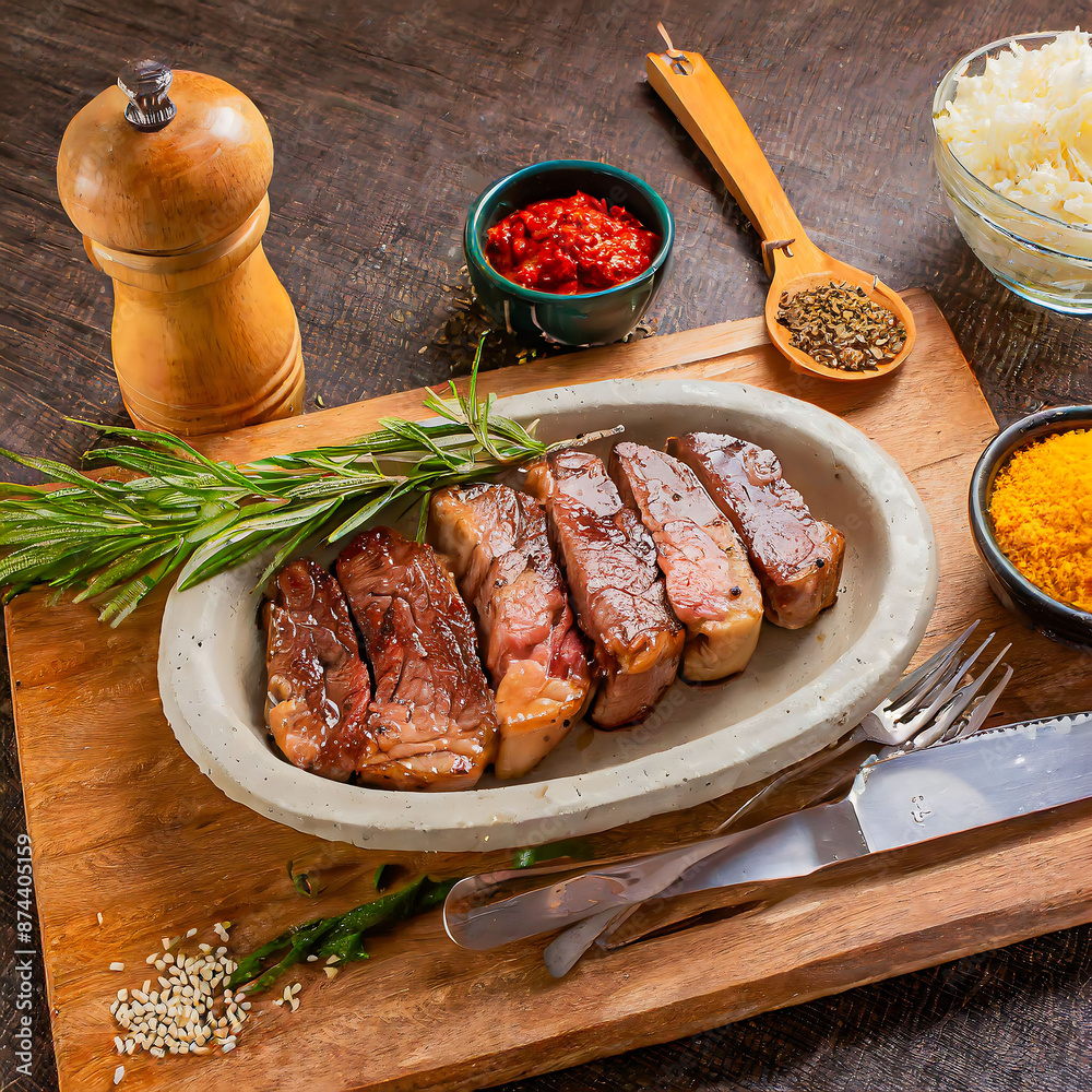 Poster Juicy Brazilian Picanha Plate with Traditional Accompaniments on Rustic Table