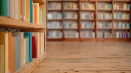 Colorful bookshelves in a modern library with wooden floors