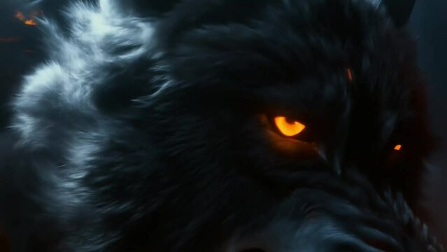 Close-up of a fierce wolf with glowing eyes and dark fur