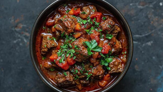 Delicious Homemade Beef Stew in Rustic Bowl on Dark Background