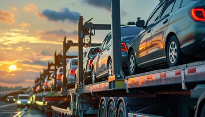 Car Transport Truck Loaded With Cars During Golden Hour Sunset
