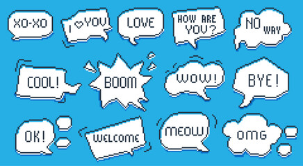 Pixel bubbles message. Retro comic chat bubble with dialogue word, geek gamer comic cloud frame message for comic game web design. Vector pixel bubble messages isolated set