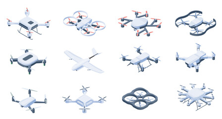Isometric drones. Aerial drone unmanned remote control surveillance multicopter vehicles, wireless robotic helicopter copter technology. Vector isometric drones set.