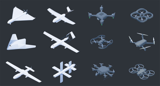 Isometric unmanned aerial vehicles. Military drone and spy plane unmanned with camera, airplane with autopilot and laser guided missile. Vector isometric aerial vehicles set
