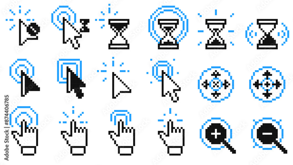 Poster pixel click icons. vector arrow clicks icon mouse pointer hand touch finger tap target cursor flat s