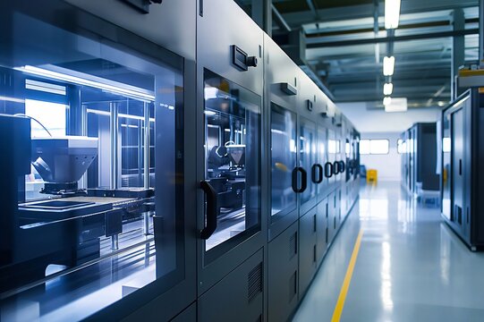 Metal 3d printers in a modern factory create innovative products with cutting edge technology and precision, showcasing efficiency in manufacturing