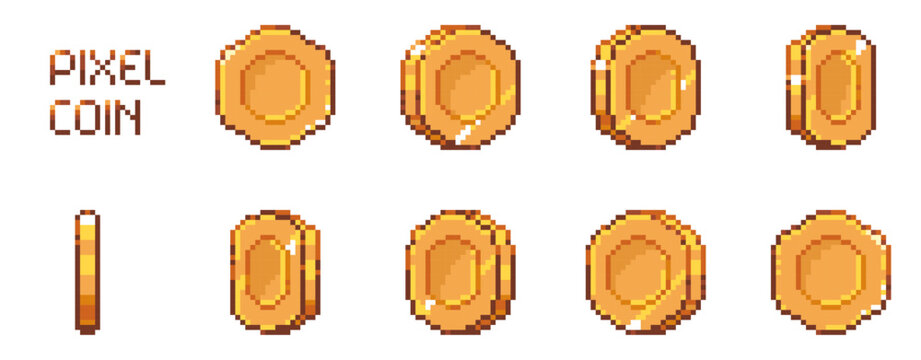 Pixel art coin animation. Retro 8 bit golden coins sprite asset, vintage pixel art coin arcade gaming money bonus and reward, cartoon 2D asset. Vector isolated set pixel art gold coin