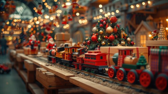 Festive christmas model train scene with holiday decorations and bokeh lights
