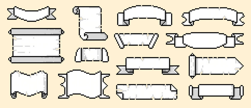 Pixel scroll frame. Retro video game asset scroll frames, blank ancient parchment paper for map and text, sprite design. Vector 8 bit banner pixel scroll frame isolated collection