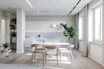 Fototapeta premium interior, apartment in Scandinavian hygge architectural style, clean modern design featuring grey and white color scheme, beautiful light