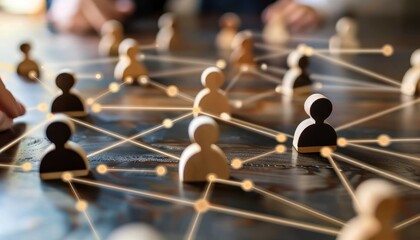 Wooden Person Figures Connected by String Network on a Table