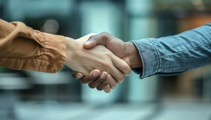 Two People Shaking Hands in Front of an Office Building