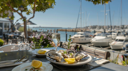 Fototapeta premium Plate of oysters and lemon wedges on a table with marina and yachts in the background. Seaside dining, seafood restaurant, luxury lifestyle, coastal tourism, waterfront meals, marina scenery concept.