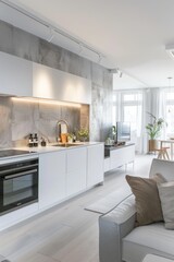 Fototapeta premium interior, apartment in Scandinavian hygge architectural style, clean modern design featuring grey and white color scheme, beautiful light