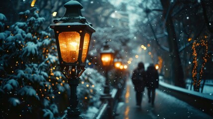 Snowy evening stroll with lit street lamps in wintry park