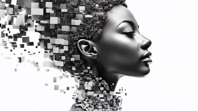Digital transformation concept with a woman's face dissolving into pixels