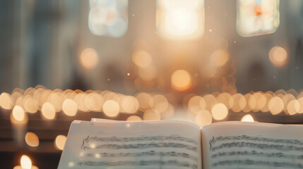Open hymn book in candlelit church with bokeh lights and stained glass windows