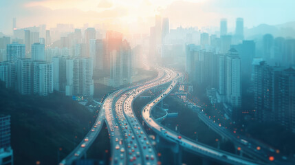 Urban skyline and expressway at sunrise cityscape with bustling traffic and highrise buildings