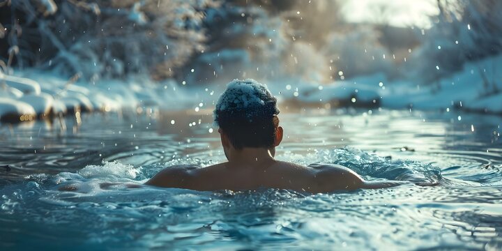 Man taking icy plunge in frozen lake for cold water therapy. Concept Cold Water Therapy, Winter Wellness, Extreme Health Practices, Ice Bath Benefits, Natural Healing