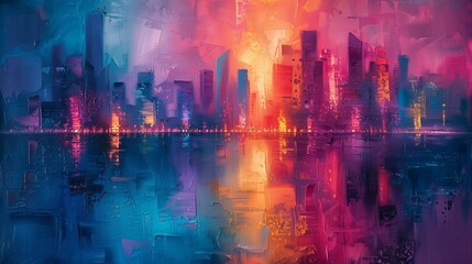 Fototapeta premium Colorful urban street scene with neon lights and wet reflections. City nightlife.