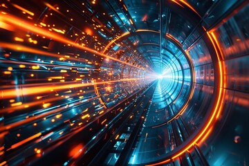 High-speed particle accelerator with streaks of charged particles on a simple background, illustrating particle physics research and fundamental science 