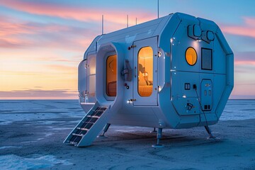 High-tech space habitat module on a clean surface, highlighting its advanced design and potential for sustainable living in space environments 
