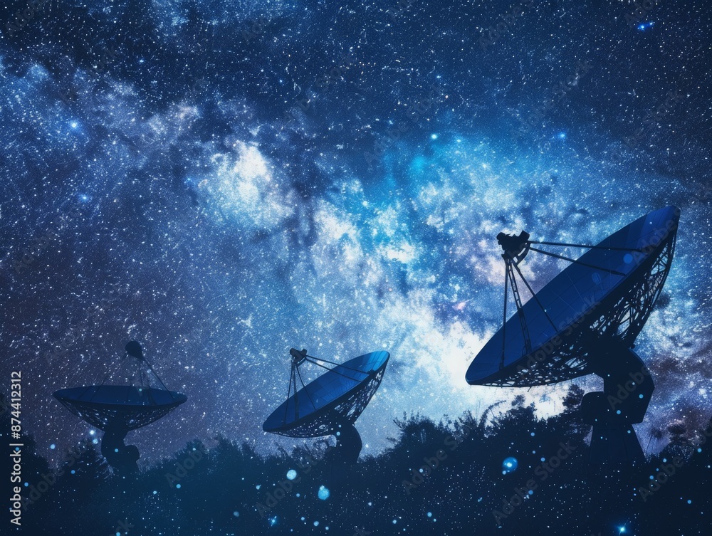 Wall mural satellite dish array pointing towards deep space on a backdrop of stars, symbolizing radio astronomy