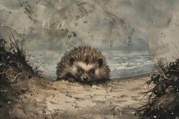 tiny cute hedgehog, mezzotint style